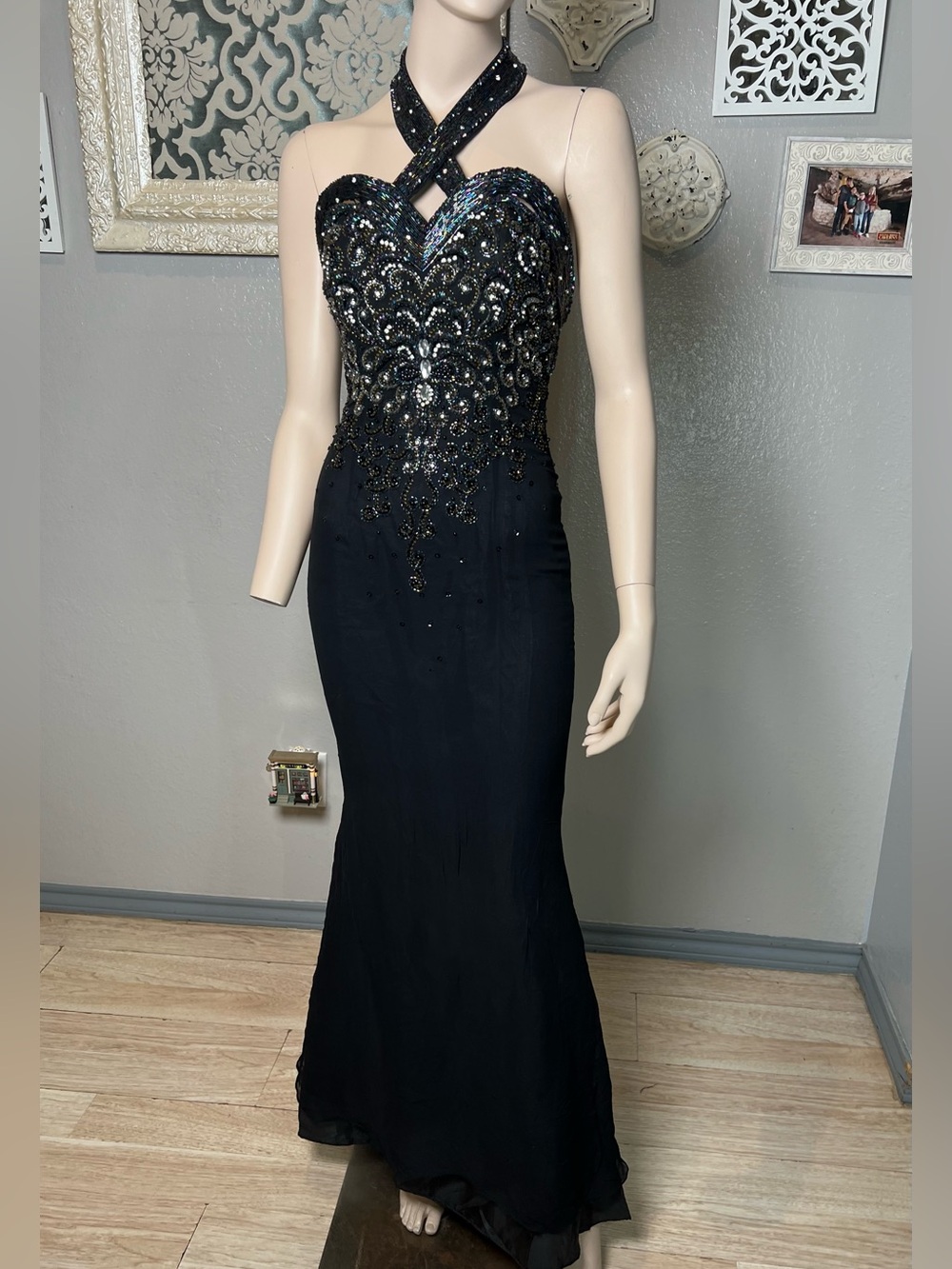 Vintage Black beaded Halter Evening Gown